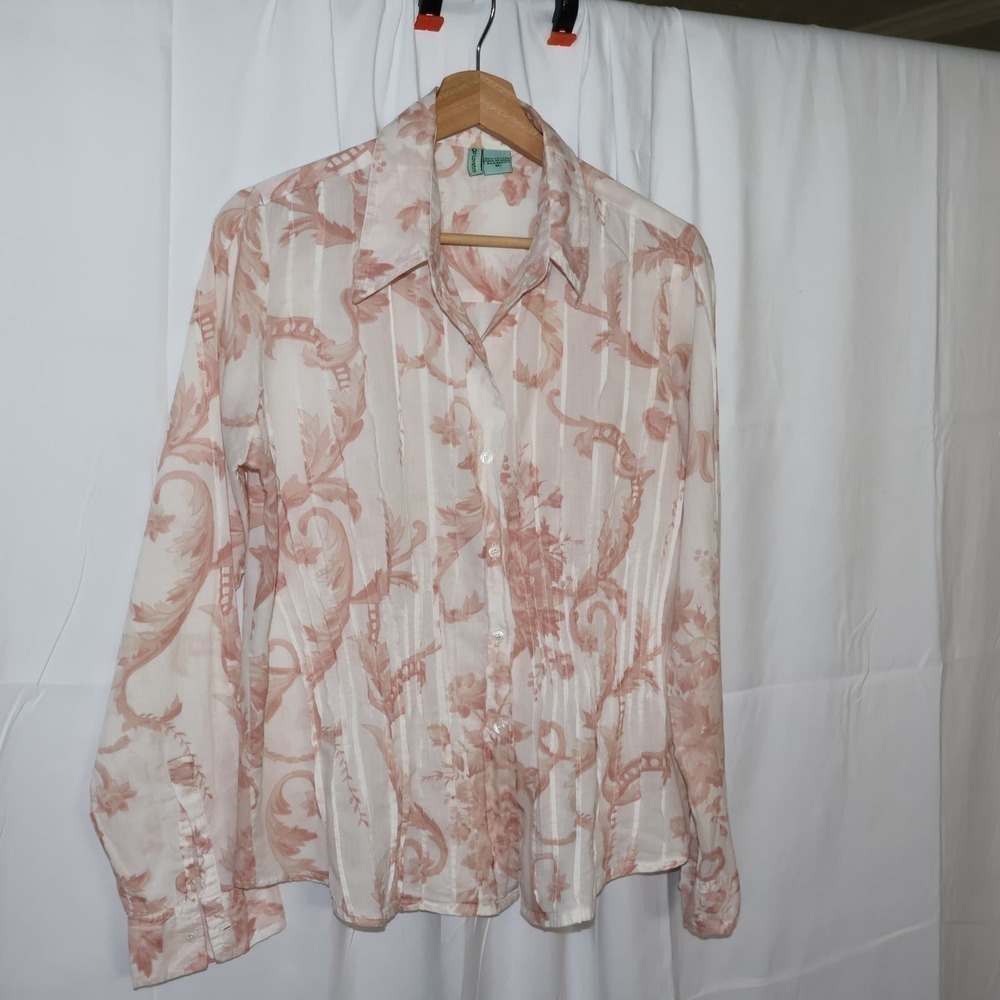 LovePotion Blouse, Medium Wormen Light Cotton Peach and White Button Down,